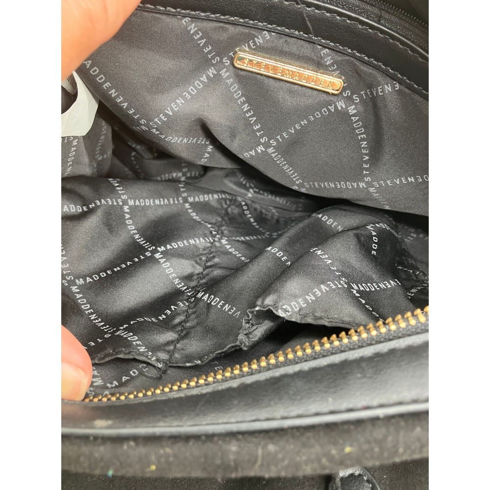Steve Madden Black Pebbled Faux Leather Tote Bag Gold Hardware Zip Top Handbag - Picture 7 of 10